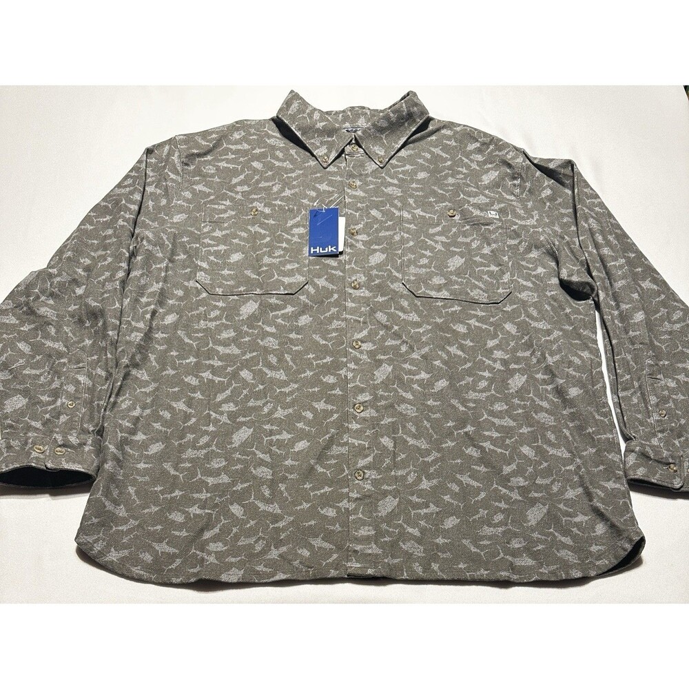 HUK Chesapeake KC Printed Fishing Flannel Shirt Button Fish All Over Print NWT